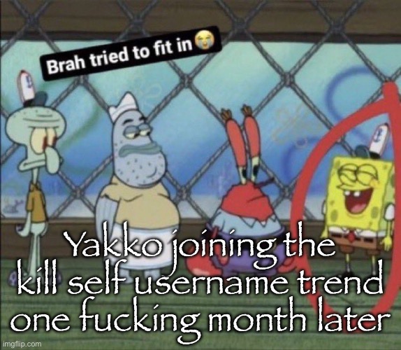 brah tried to fit in | Yakko joining the kill self username trend one fucking month later | image tagged in brah tried to fit in | made w/ Imgflip meme maker