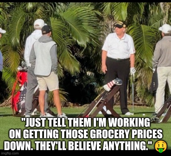 They'll believe anything | "JUST TELL THEM I'M WORKING ON GETTING THOSE GROCERY PRICES DOWN. THEY'LL BELIEVE ANYTHING." 🤑 | image tagged in trump,groceries,golfing,maga,nazi,fascist | made w/ Imgflip meme maker