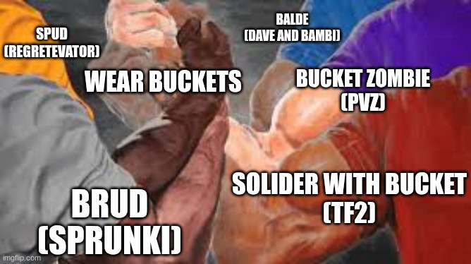 BUCKETS | BALDE
(DAVE AND BAMBI); SPUD
(REGRETEVATOR); BUCKET ZOMBIE
(PVZ); WEAR BUCKETS; SOLIDER WITH BUCKET
(TF2); BRUD
(SPRUNKI) | image tagged in bucket,regrets,dave and bambi,pvz,team fortress 2 | made w/ Imgflip meme maker