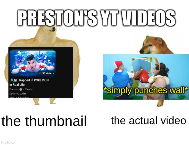 Preston's videos be like | PRESTON'S YT VIDEOS; *simply punches wall*; the thumbnail; the actual video | image tagged in memes,buff doge vs cheems,prestonplayz,preston,youtuber,youtube | made w/ Imgflip meme maker