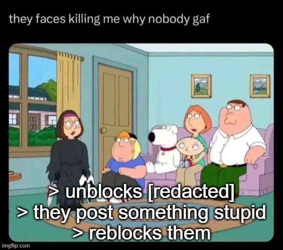 guy's family | > unblocks [redacted]
> they post something stupid
> reblocks them | image tagged in guy's family | made w/ Imgflip meme maker