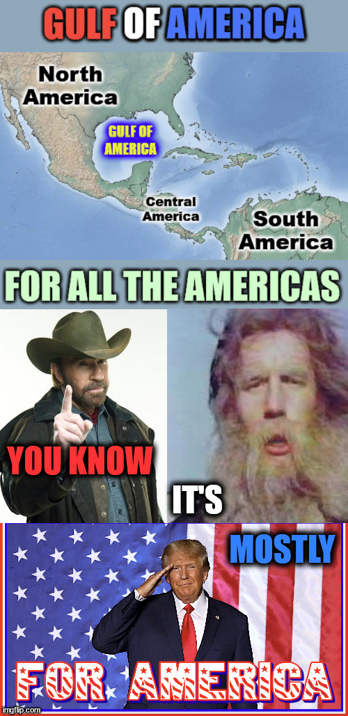 Is it for all of the Americas? or because Gulf of the United States of America is too long? | GULF OF AMERICA; North America; GULF OF AMERICA; South America; Central America; FOR ALL THE AMERICAS; YOU KNOW; IT'S; MOSTLY | image tagged in ocean,america,usa,chuck norris,monty python,america first | made w/ Imgflip meme maker