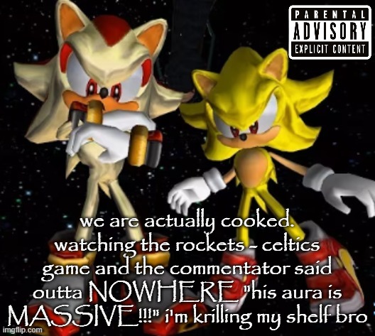 sonic n shadow | we are actually cooked.
watching the rockets - celtics game and the commentator said outta NOWHERE "his aura is MASSIVE!!!" i'm krilling my shelf bro | image tagged in sonic n shadow | made w/ Imgflip meme maker