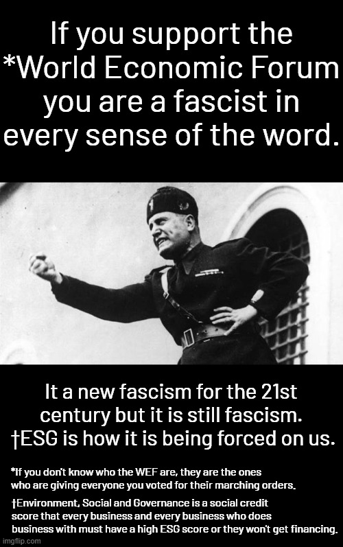 Liberals deny this and don't believe this but that's only because they don't know where their ideology comes from. | If you support the *World Economic Forum you are a fascist in every sense of the word. It a new fascism for the 21st century but it is still fascism.  †ESG is how it is being forced on us. *If you don't know who the WEF are, they are the ones who are giving everyone you voted for their marching orders. †Environment, Social and Governance is a social credit score that every business and every business who does business with must have a high ESG score or they won't get financing. | image tagged in mussolini,21st century fascism,esg is dei on steroids,wef is planning esg for individuals,social credit score | made w/ Imgflip meme maker