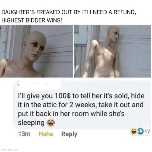 Freaky | image tagged in freaky,freaked,daughter,mannequin | made w/ Imgflip meme maker