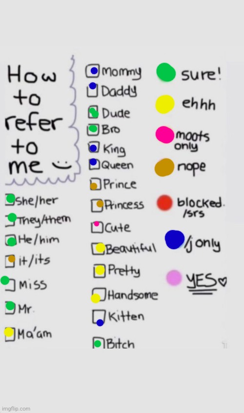 changed the colors so it would be more clear (also I'm colorblind) | image tagged in how to refer to me | made w/ Imgflip meme maker
