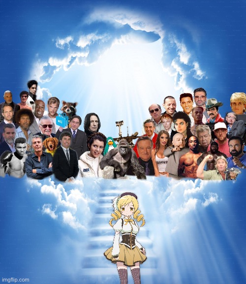 Mami Tomoe goes to heaven | image tagged in come join us heaven,puella magi madoka magica | made w/ Imgflip meme maker