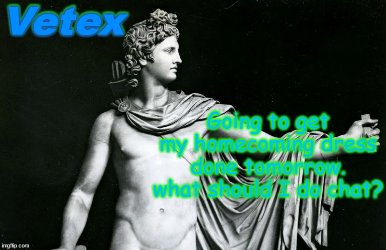 Vetex | Going to get my homecoming dress done tomorrow. what should I do chat? | image tagged in vetex | made w/ Imgflip meme maker