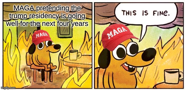 They'll keep pretending | MAGA pretending the trump residency is going well for the next four years | image tagged in memes,this is fine,future,donald trump,maga,stupid people | made w/ Imgflip meme maker