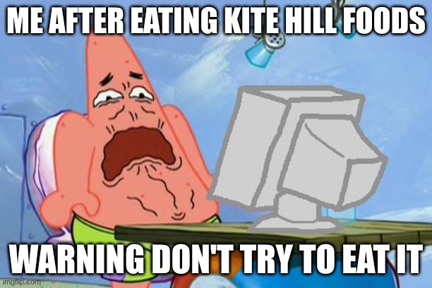 Please don't eat that | ME AFTER EATING KITE HILL FOODS; WARNING DON'T TRY TO EAT IT | image tagged in patrick star internet disgust,yuck,disgusting,hawk tuah | made w/ Imgflip meme maker