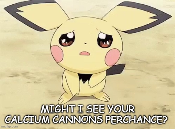 JK btw | MIGHT I SEE YOUR CALCIUM CANNONS PERCHANCE? | image tagged in sad pichu | made w/ Imgflip meme maker