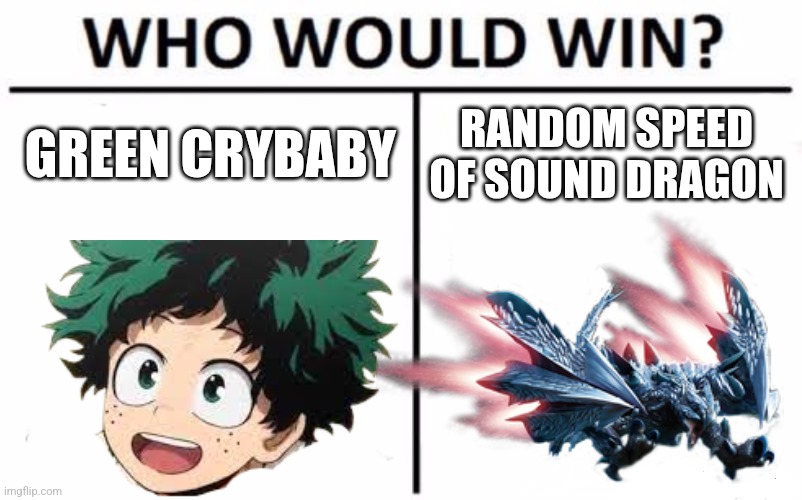 Who would win | RANDOM SPEED OF SOUND DRAGON; GREEN CRYBABY | image tagged in mha,monster hunter | made w/ Imgflip meme maker