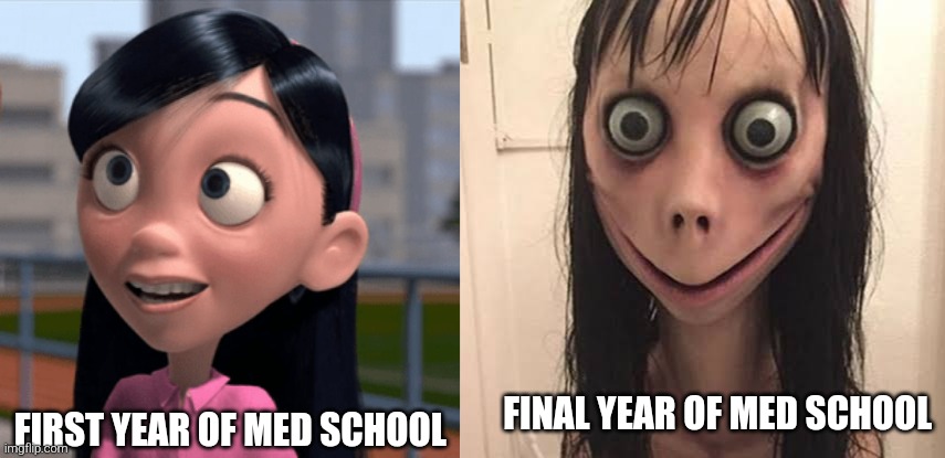 it's traumatizing | FINAL YEAR OF MED SCHOOL; FIRST YEAR OF MED SCHOOL | image tagged in violet parr,med school | made w/ Imgflip meme maker