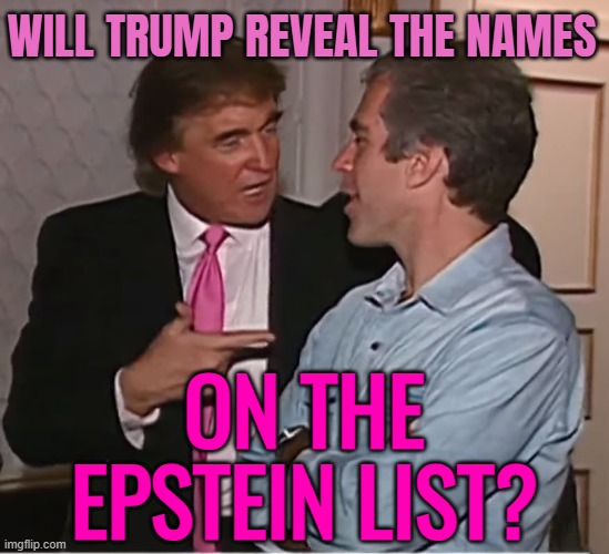 Will Donald Trump Reveal The Names On The Epstein List? | WILL TRUMP REVEAL THE NAMES; ON THE
EPSTEIN LIST? | image tagged in trump epstein party,jeffrey epstein,breaking news,donald trump,pedophile,pedophilia | made w/ Imgflip meme maker