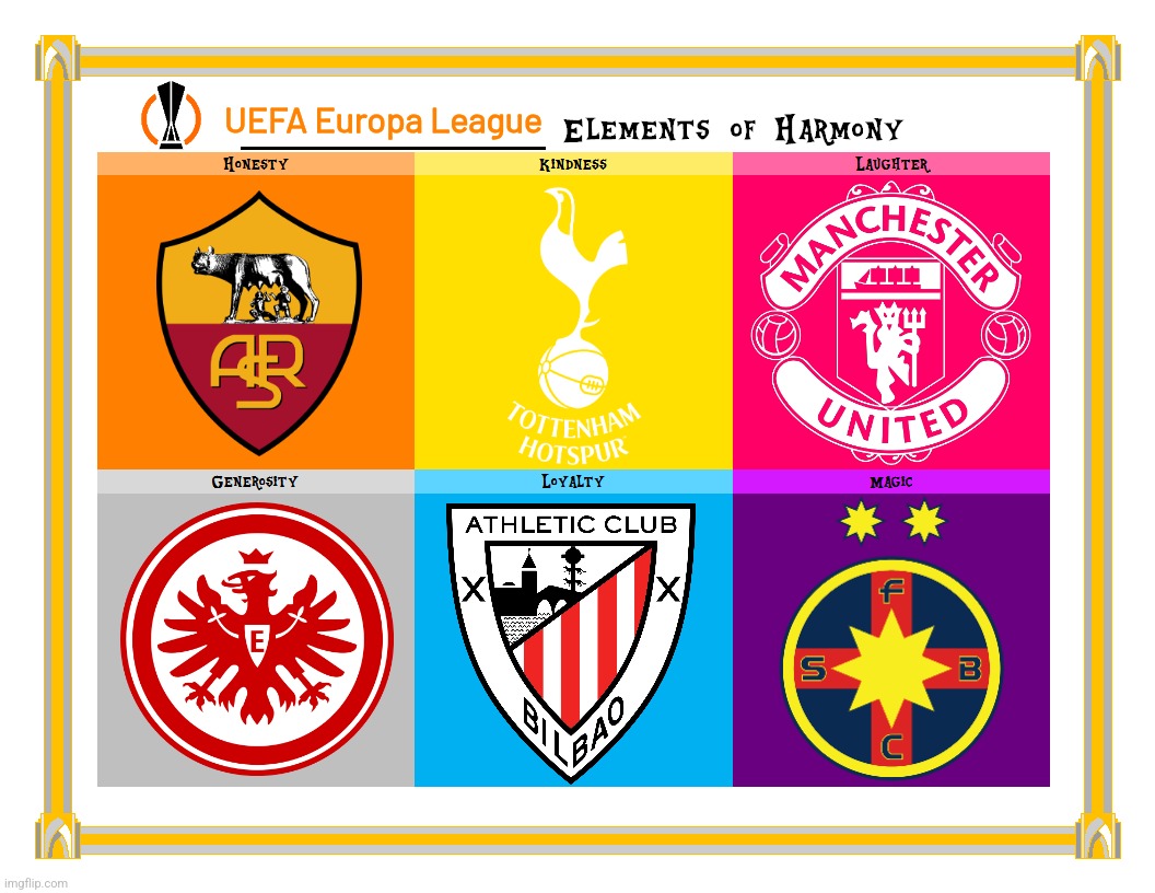 My Little Pony Elements of Harmony - UEL Edition | UEFA Europa League | image tagged in my little pony elements of harmony template,europa league,fcsb,manchester united,tottenham,bilbao | made w/ Imgflip meme maker