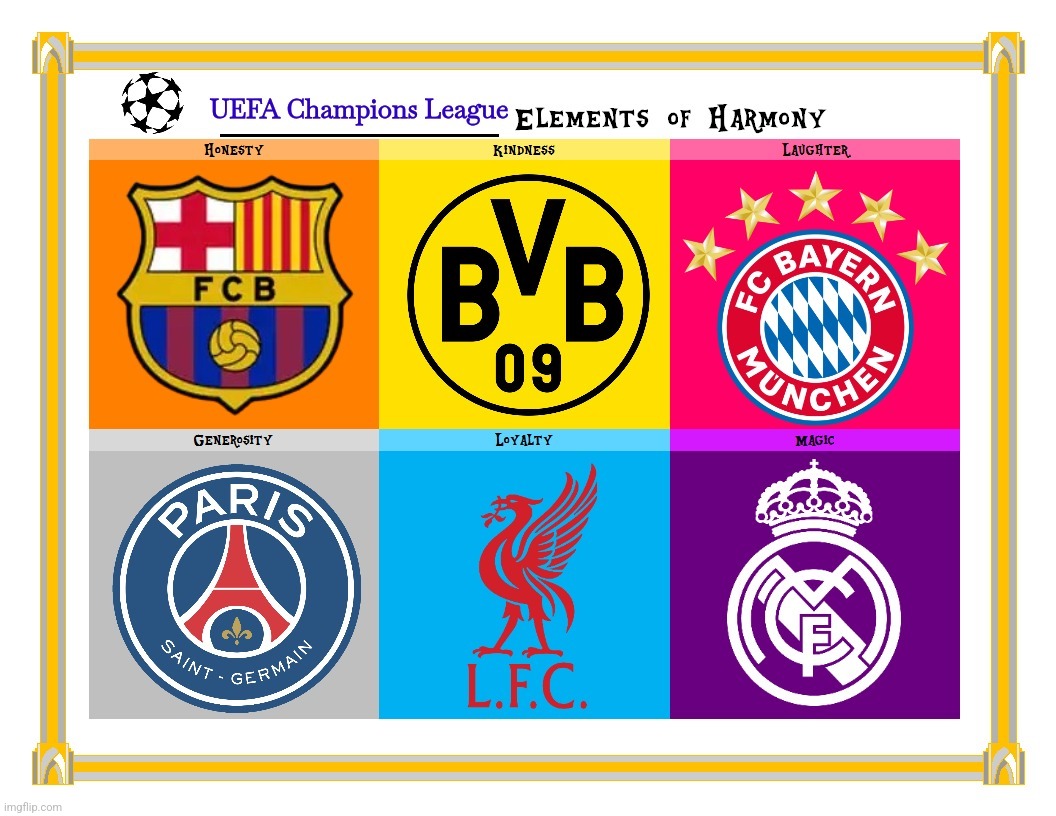 My Little Pony Elements of Harmony - UCL Edition | image tagged in champions league,barcelona,real madrid,bayern munich,liverpool,sports | made w/ Imgflip meme maker