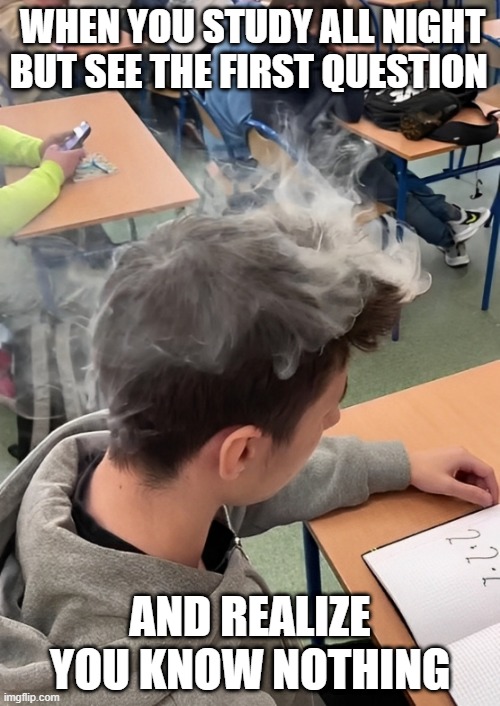 test | WHEN YOU STUDY ALL NIGHT BUT SEE THE FIRST QUESTION; AND REALIZE YOU KNOW NOTHING | image tagged in memes | made w/ Imgflip meme maker