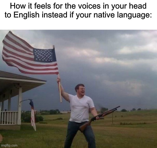 AMERICAAAA :eagle: | How it feels for the voices in your head to English instead if your native language: | image tagged in american flag shotgun guy | made w/ Imgflip meme maker