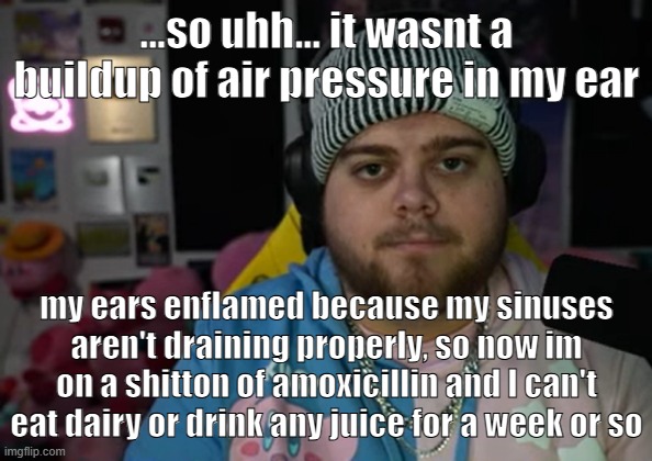 so fun :D | ...so uhh... it wasnt a buildup of air pressure in my ear; my ears enflamed because my sinuses aren't draining properly, so now im on a shitton of amoxicillin and I can't eat dairy or drink any juice for a week or so | image tagged in jonny razer reaction | made w/ Imgflip meme maker