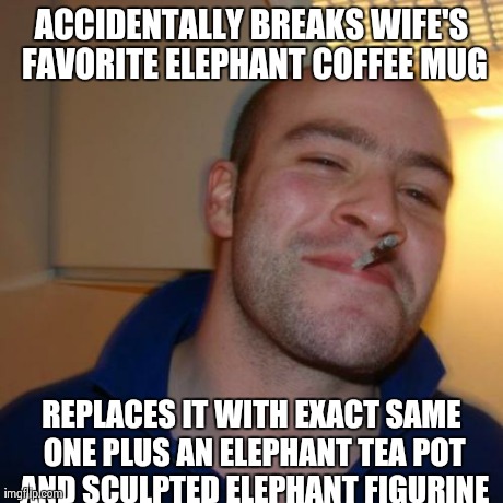 Good Guy Greg Meme | ACCIDENTALLY BREAKS WIFE'S FAVORITE ELEPHANT COFFEE MUG REPLACES IT WITH EXACT SAME ONE PLUS AN ELEPHANT TEA POT AND SCULPTED ELEPHANT FIGUR | image tagged in memes,good guy greg,AdviceAnimals | made w/ Imgflip meme maker