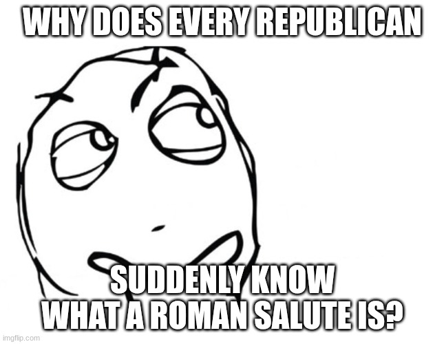 The whole situation in America is just stupid honestly. I can't agree with any side at all. | WHY DOES EVERY REPUBLICAN; SUDDENLY KNOW WHAT A ROMAN SALUTE IS? | image tagged in hmmm | made w/ Imgflip meme maker