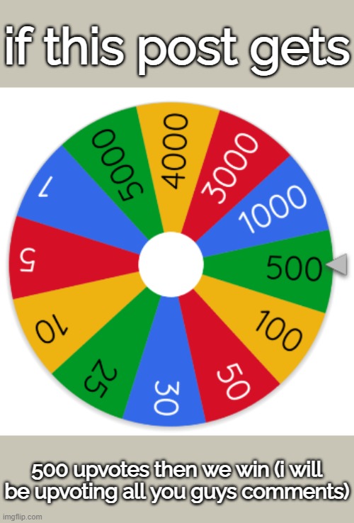 Wheel spinner of... upvotes? | if this post gets; 500 upvotes then we win (i will be upvoting all you guys comments) | image tagged in 500,upvotes,challenge,hard,difficult,wheel | made w/ Imgflip meme maker