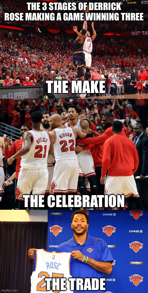 D. Rose gamewinner | THE 3 STAGES OF DERRICK ROSE MAKING A GAME WINNING THREE; THE MAKE; THE CELEBRATION; THE TRADE | image tagged in gamewinner,derrick rose,cycle | made w/ Imgflip meme maker