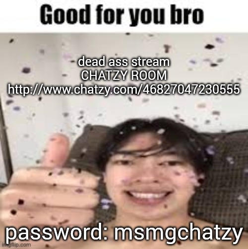 Good for you bro (Iraqi_Randomizer temp) | dead ass stream
CHATZY ROOM
http://www.chatzy.com/46827047230555; password: msmgchatzy | image tagged in good for you bro iraqi_randomizer temp | made w/ Imgflip meme maker