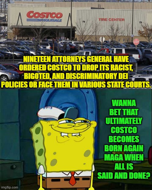 It's illegal to discriminate in hiring policies.  Gosh . . . when did THAT happen? | WANNA BET THAT ULTIMATELY COSTCO BECOMES BORN AGAIN MAGA WHEN ALL IS SAID AND DONE? NINETEEN ATTORNEYS GENERAL HAVE ORDERED COSTCO TO DROP ITS RACIST, BIGOTED, AND DISCRIMINATORY DEI POLICIES OR FACE THEM IN VARIOUS STATE COURTS. | image tagged in don't you squidward | made w/ Imgflip meme maker