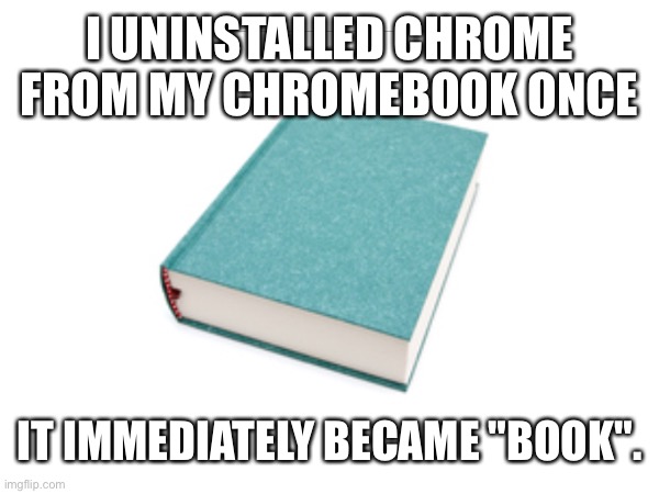 I UNINSTALLED CHROME FROM MY CHROMEBOOK ONCE IT IMMEDIATELY BECAME "BOOK". | made w/ Imgflip meme maker