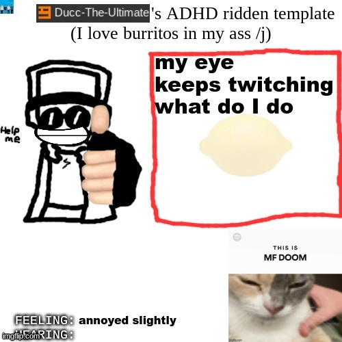 Ducc-The-Ultimate's ADHD ridden template | my eye keeps twitching what do I do; annoyed slightly | image tagged in ducc-the-ultimate's adhd ridden template | made w/ Imgflip meme maker