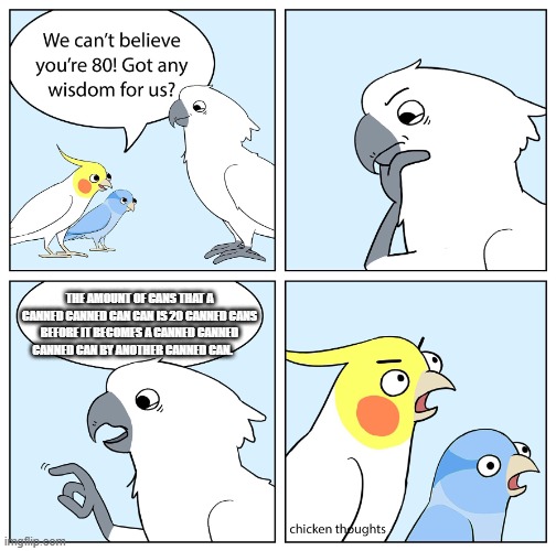 wise old cockatoo | THE AMOUNT OF CANS THAT A CANNED CANNED CAN CAN IS 20 CANNED CANS BEFORE IT BECOMES A CANNED CANNED CANNED CAN BY ANOTHER CANNED CAN. | image tagged in wise old cockatoo | made w/ Imgflip meme maker