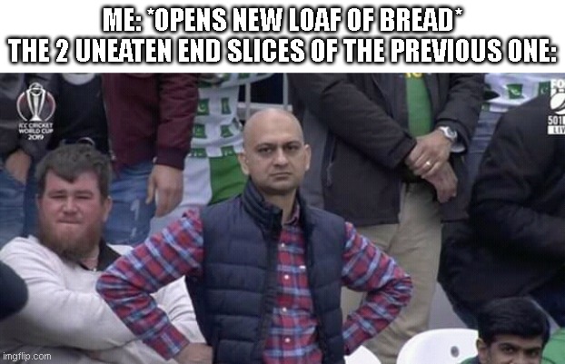 Annoyed man | ME: *OPENS NEW LOAF OF BREAD*
THE 2 UNEATEN END SLICES OF THE PREVIOUS ONE: | image tagged in annoyed man | made w/ Imgflip meme maker