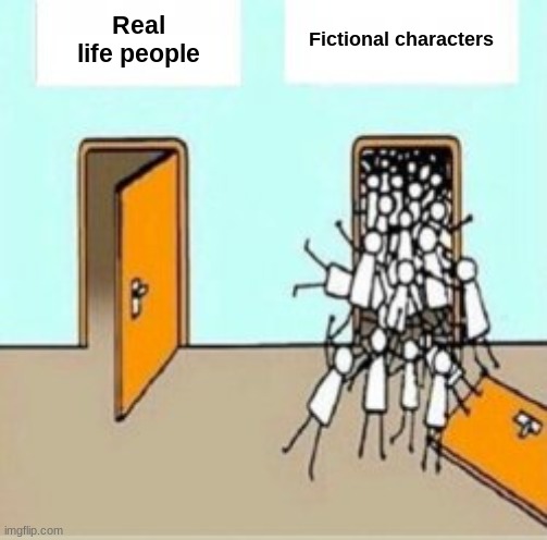 Many People Going Through Door | Fictional characters; Real life people | image tagged in socializing | made w/ Imgflip meme maker