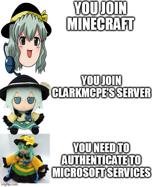 best better blurst koishi | YOU JOIN MINECRAFT; YOU JOIN CLARKMCPE'S SERVER; YOU NEED TO AUTHENTICATE TO MICROSOFT SERVICES | image tagged in best better blurst koishi | made w/ Imgflip meme maker