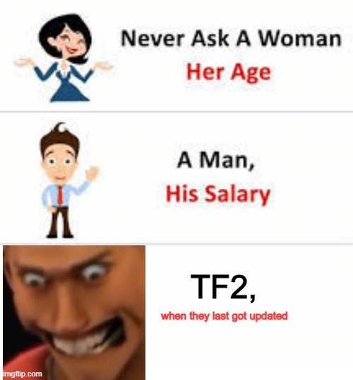 please valve please | TF2, when they last got updated | image tagged in never ask a woman her age | made w/ Imgflip meme maker