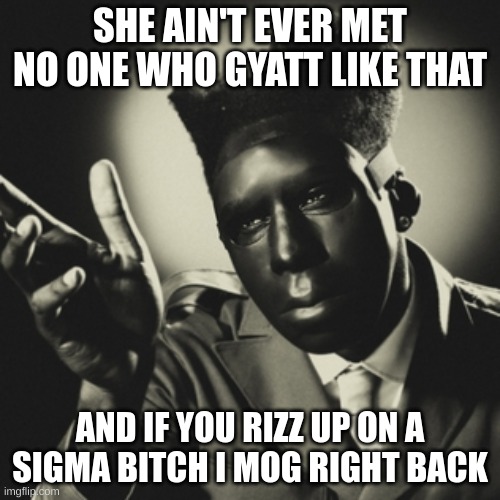 SHE AIN'T EVER MET NO ONE WHO GYATT LIKE THAT; AND IF YOU RIZZ UP ON A SIGMA BITCH I MOG RIGHT BACK | image tagged in tyler the creator,chromakopia,sigma | made w/ Imgflip meme maker