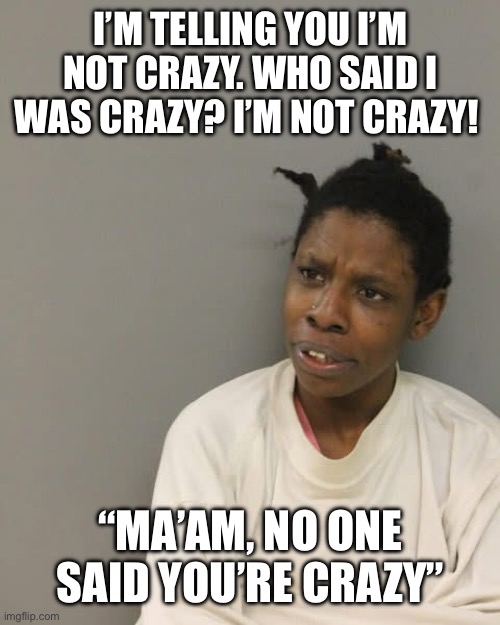 She talks to herself | I’M TELLING YOU I’M NOT CRAZY. WHO SAID I WAS CRAZY? I’M NOT CRAZY! “MA’AM, NO ONE SAID YOU’RE CRAZY” | image tagged in crazy,mugshot,jail,funny,memes,police | made w/ Imgflip meme maker