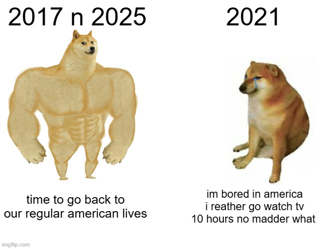 Buff Doge vs. Cheems | 2017 n 2025; 2021; time to go back to our regular american lives; im bored in america i reather go watch tv 10 hours no madder what | image tagged in memes,buff doge vs cheems | made w/ Imgflip meme maker