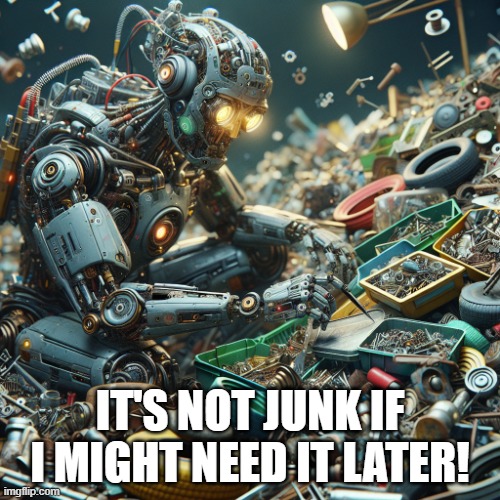 It's Not Junk If I Might Need It Later! | IT'S NOT JUNK IF I MIGHT NEED IT LATER! | image tagged in robot scientist gathering junk to use later | made w/ Imgflip meme maker