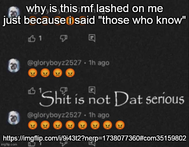 Shit is not Dat serious | why is this mf lashed on me just because i said "those who know"; https://imgflip.com/i/9i43t2?nerp=1738077360#com35159802 | image tagged in shit is not dat serious | made w/ Imgflip meme maker