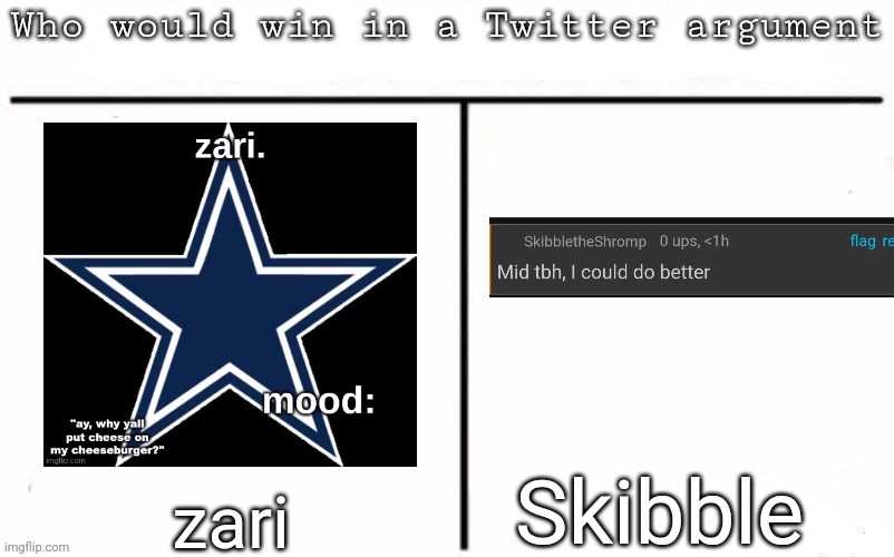 Pitting random mfs against each other | Skibble; zari | image tagged in pitting random mfs against each other,msmg,memes | made w/ Imgflip meme maker