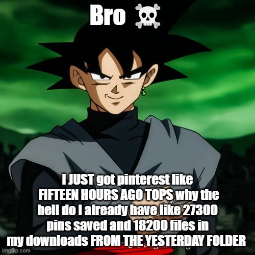 Bro ☠️; I JUST got pinterest like  FIFTEEN HOURS AGO TOPS why the hell do I already have like 27300 pins saved and 18200 files in my downloads FROM THE YESTERDAY FOLDER | made w/ Imgflip meme maker