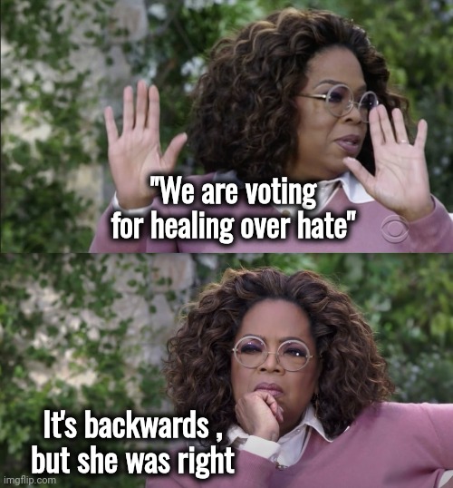 Oprah campaigning for Kamala Harris | "We are voting for healing over hate"; It's backwards ,
but she was right | image tagged in oprah disapproves but changes her mind,if you watch it backwards,why are you booing me i'm right | made w/ Imgflip meme maker