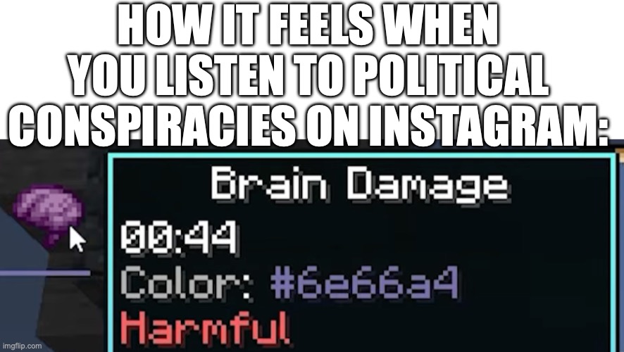 Like, my god, use some brain. | HOW IT FEELS WHEN YOU LISTEN TO POLITICAL CONSPIRACIES ON INSTAGRAM: | image tagged in blank white template,politics,minecraft,dantdm,my honest reaction | made w/ Imgflip meme maker