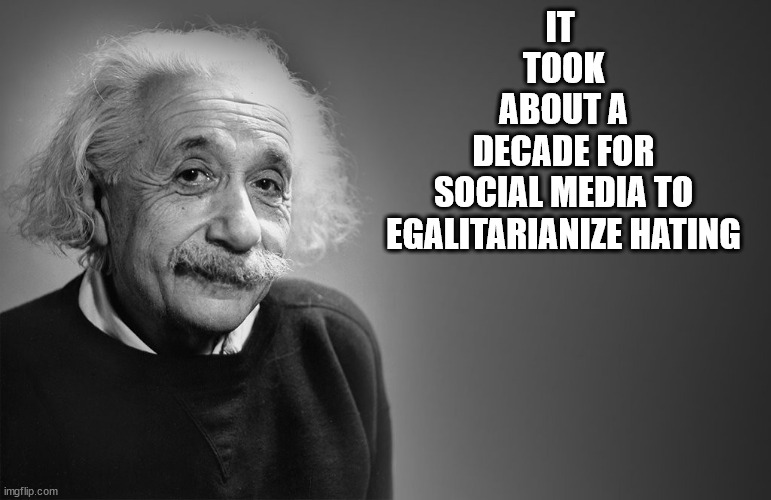¦¦¦¦¦ | IT 
TOOK
 ABOUT A 
DECADE FOR
 SOCIAL MEDIA TO 
EGALITARIANIZE HATING | image tagged in albert einstein quotes | made w/ Imgflip meme maker