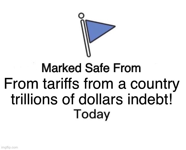 Marked Safe From Meme | From tariffs from a country trillions of dollars indebt! | image tagged in memes,marked safe from | made w/ Imgflip meme maker