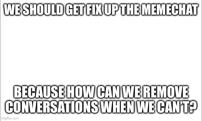 We should ramp up the memechat | WE SHOULD GET FIX UP THE MEMECHAT; BECAUSE HOW CAN WE REMOVE CONVERSATIONS WHEN WE CAN’T? | image tagged in white background | made w/ Imgflip meme maker