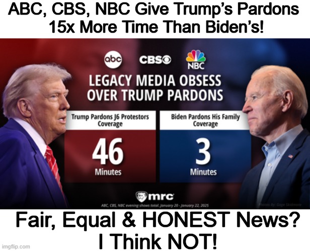 January 6 defendants had been “treated so badly, they were treated like the worst criminals in history.” -- Donald Trump | ABC, CBS, NBC Give Trump’s Pardons 
15x More Time Than Biden’s! Fair, Equal & HONEST News?
I Think NOT! | image tagged in mainstream media,media bias,donald trump,joe biden,double standards,media lies | made w/ Imgflip meme maker