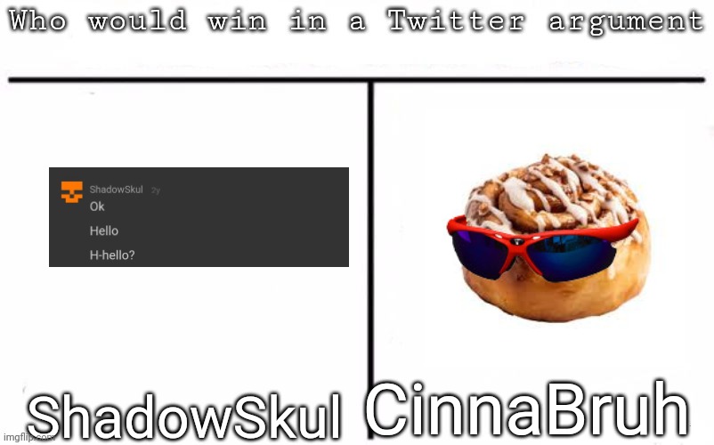 Pitting random mfs against each other | CinnaBruh; ShadowSkul | image tagged in pitting random mfs against each other,msmg,memes | made w/ Imgflip meme maker